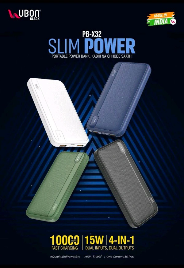 Ubon PB-X32 10000MAH 15W Dual Input 4in1 Slim power Portable Power Bank 