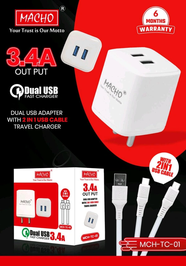 Macho 3.4A OUT PUT Dual USB Adapter With 2in1 USB Cable Travel Adaptor (MCH-TC-01)