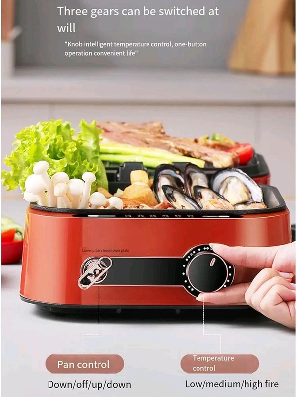 High-Fire Household Electric Grill Pan, 180 Degree Free Opening and Closing Double Pan Frying Pan - Red, Non Stick