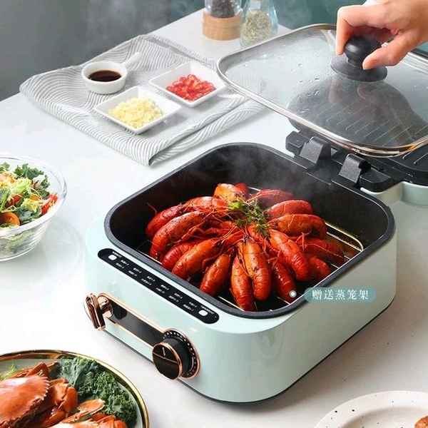 High-Fire Household Electric Grill Pan, 180 Degree Free Opening and Closing Double Pan Frying Pan - Red, Non Stick