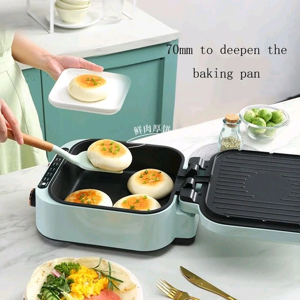 High-Fire Household Electric Grill Pan, 180 Degree Free Opening and Closing Double Pan Frying Pan - Red, Non Stick