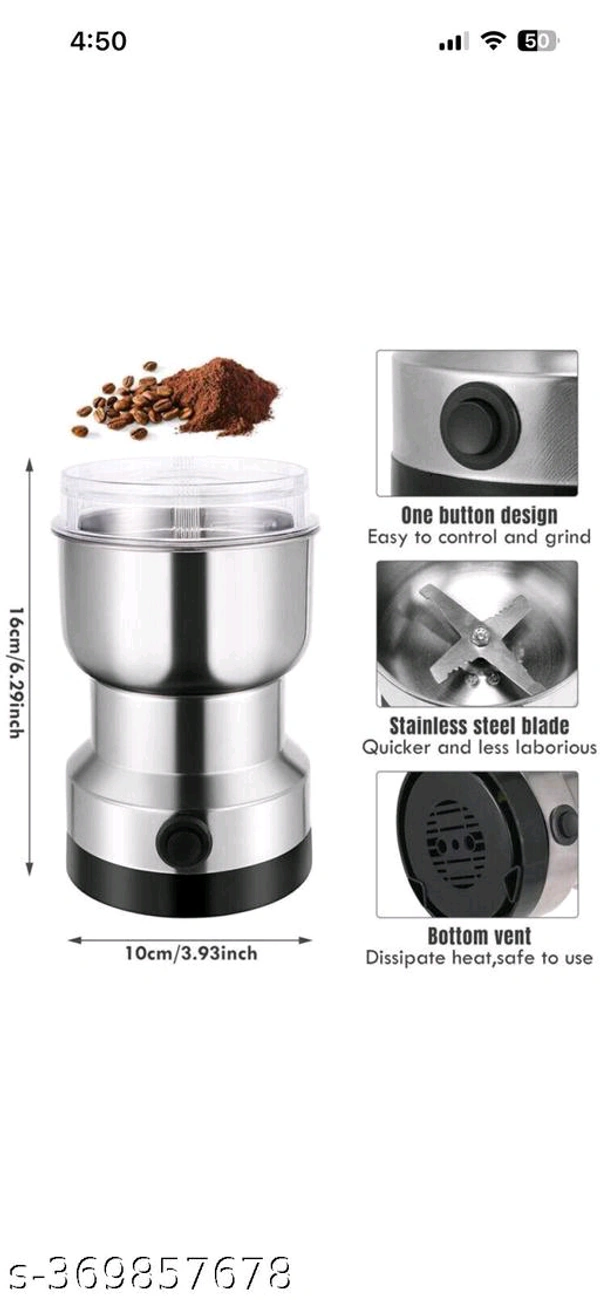Mini Coffee Grinder Electric Stainless Steel  Name: Mini Coffee Grinder Electric Stainless Steel  Type: ElectricProduct Breadth: 8.5 CmProduct Height: 10 CmProduct Length: 10 CmNet Quantity (N): Pack Of 1mini grindermini grinder machine for kitchenmini grinder machinemini grinder toolmini grinder mixermini grinder for kitchenmini grinder machine toolsmini grinder juicermini grinder