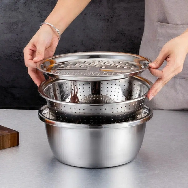  3 In 1 Stainless Steel Basin with Name:  3 In 1 Stainless Steel Basin with Rust-Free & Food Grade Material for Kitchen (Set of 1)  Graters & SlicersMaterial: Stainless SteelType: SlicerNet Quantity (N): Pack Of 1Name:  3 In 1 Stainless Steel Basin with Rust-Free & Food Grade Material for Kitchen 