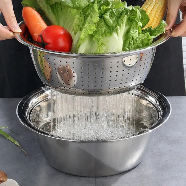  3 In 1 Stainless Steel Basin with Name:  3 In 1 Stainless Steel Basin with Rust-Free & Food Grade Material for Kitchen (Set of 1)  Graters & SlicersMaterial: Stainless SteelType: SlicerNet Quantity (N): Pack Of 1Name:  3 In 1 Stainless Steel Basin with Rust-Free & Food Grade Material for Kitchen 