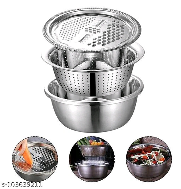  3 In 1 Stainless Steel Basin with Name:  3 In 1 Stainless Steel Basin with Rust-Free & Food Grade Material for Kitchen (Set of 1)  Graters & SlicersMaterial: Stainless SteelType: SlicerNet Quantity (N): Pack Of 1Name:  3 In 1 Stainless Steel Basin with Rust-Free & Food Grade Material for Kitchen 