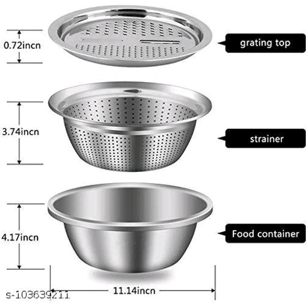  3 In 1 Stainless Steel Basin with Name:  3 In 1 Stainless Steel Basin with Rust-Free & Food Grade Material for Kitchen (Set of 1)  Graters & SlicersMaterial: Stainless SteelType: SlicerNet Quantity (N): Pack Of 1Name:  3 In 1 Stainless Steel Basin with Rust-Free & Food Grade Material for Kitchen 