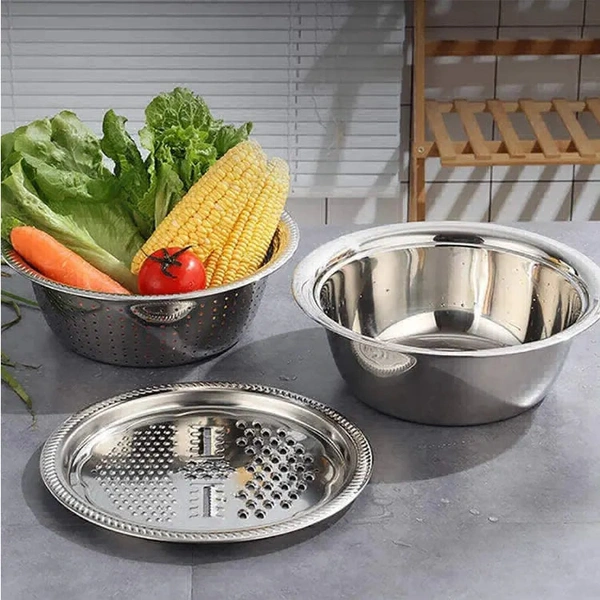  3 In 1 Stainless Steel Basin with Name:  3 In 1 Stainless Steel Basin with Rust-Free & Food Grade Material for Kitchen (Set of 1)  Graters & SlicersMaterial: Stainless SteelType: SlicerNet Quantity (N): Pack Of 1Name:  3 In 1 Stainless Steel Basin with Rust-Free & Food Grade Material for Kitchen 