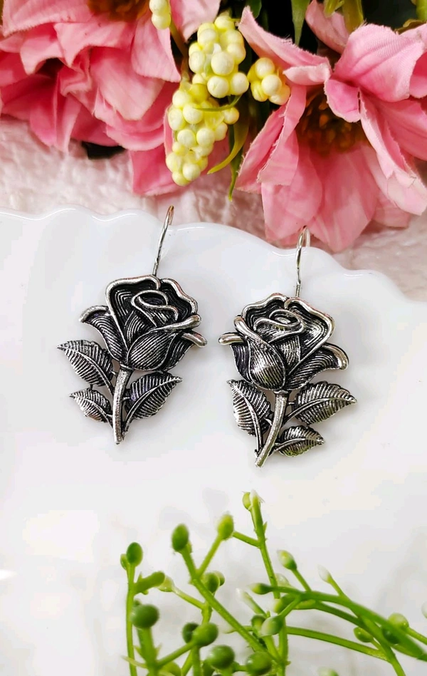 Beautiful Oxidised Rose Hook Earrings 