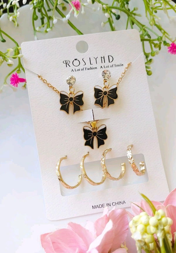 Ribbon Bow Pendant & Hoops Combo - Black