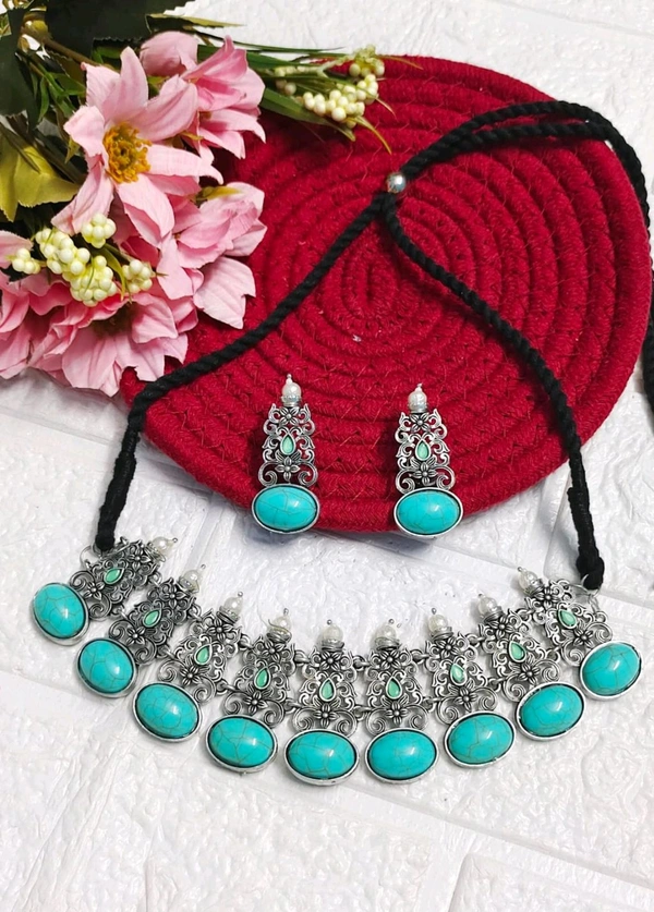 Antique Marble Stone Oxidised Choker Set