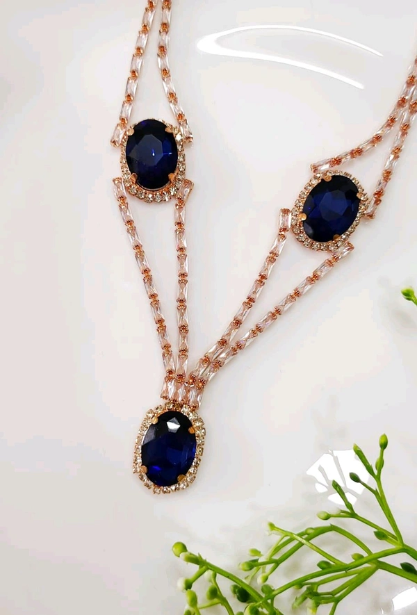 Stylish Rosegold Blue Stone Necklace Set