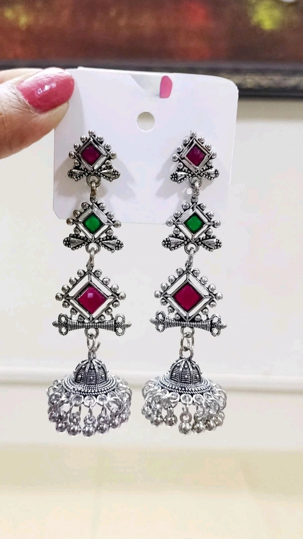 Ruby Green Long Oxidised Jhumka 