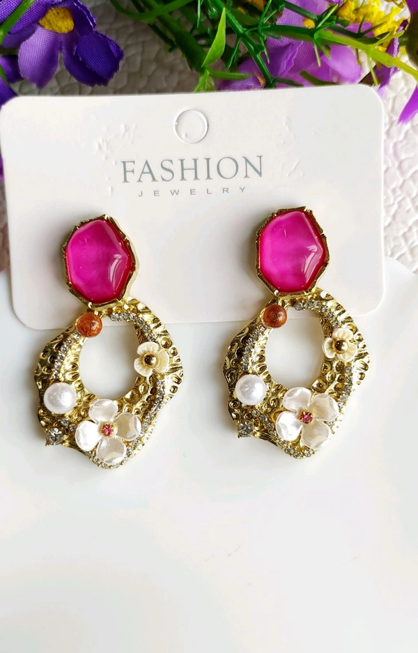 Retro Style korean Fuscia Stone Floral Earrings 
