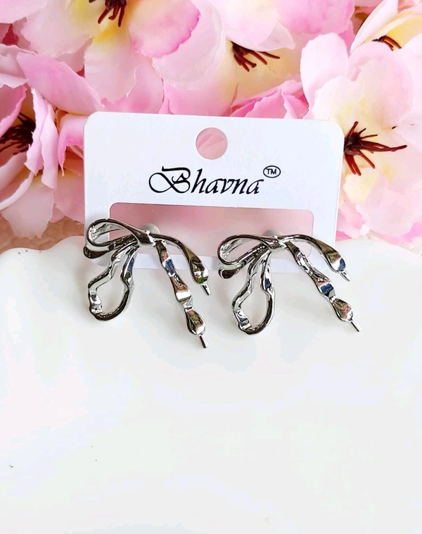 Cute Silver Ribbon Bow Studs