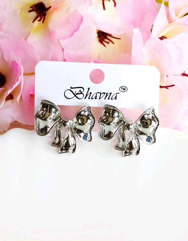 Cute Silver Ribbon Bow Studs
