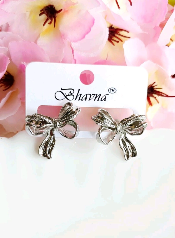 Cute Silver Ribbon Bow Studs