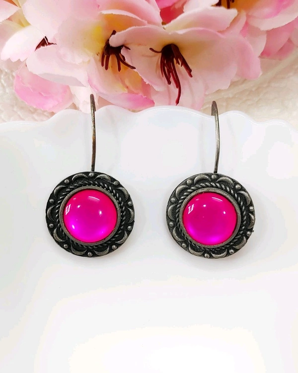 Hook Style Pink Stone Black Polish Earrings 