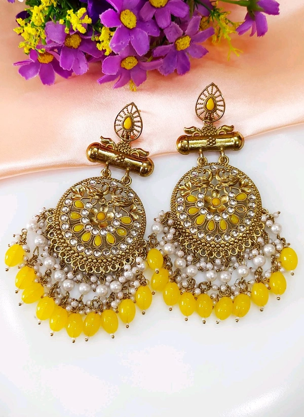 Exclusive Designer Chandbali Kundan Earrings Yellow 