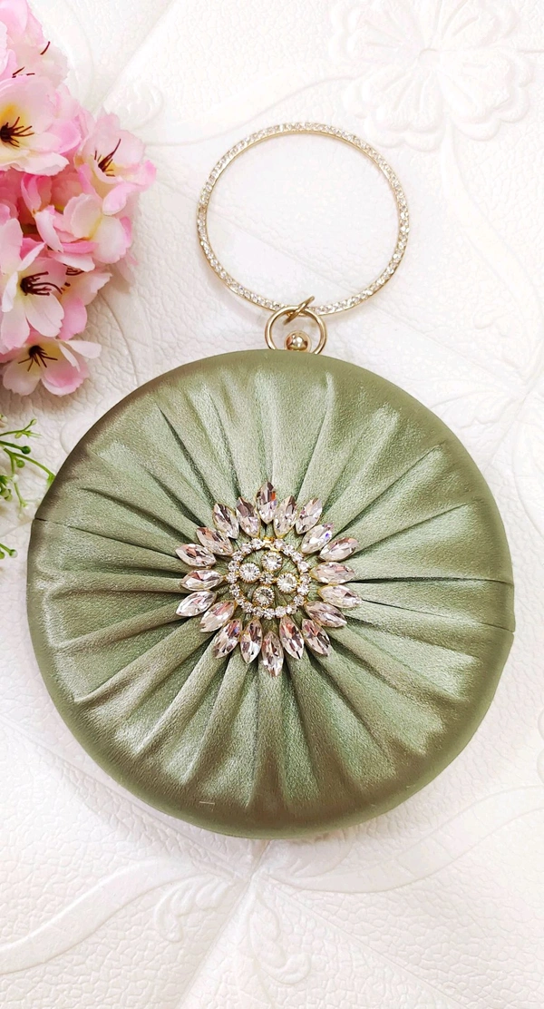 Stylish Quirky Satin Round Clutch.. Green