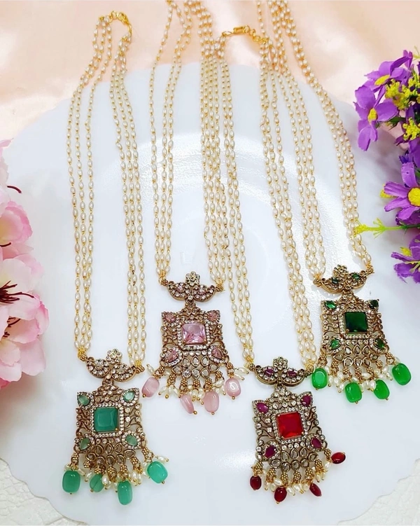 Stylish 3 Line Pearl AD Pendant Necklace 