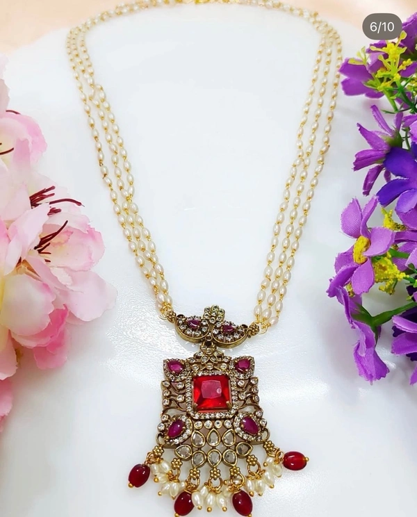 Stylish 3 Line Pearl AD Pendant Necklace 