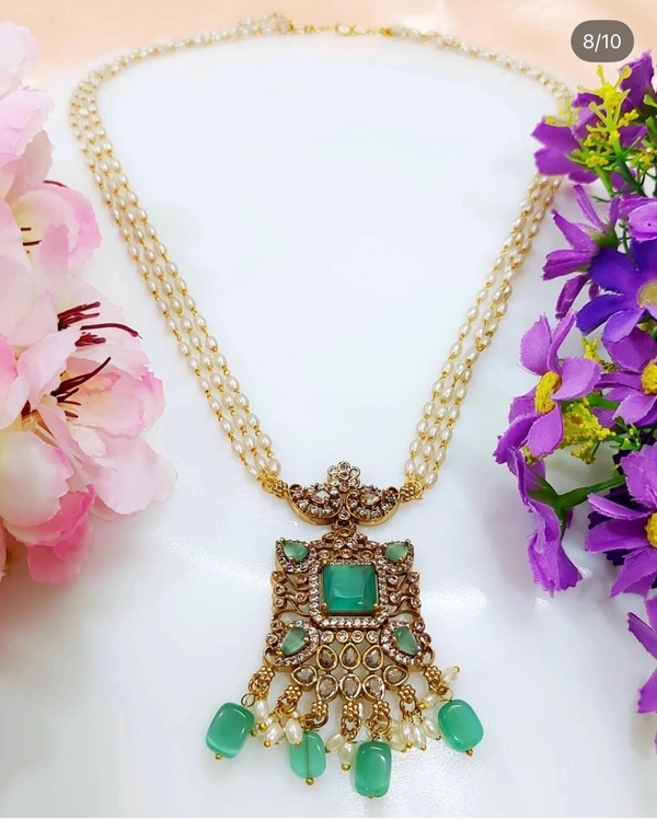 Stylish 3 Line Pearl AD Pendant Necklace 