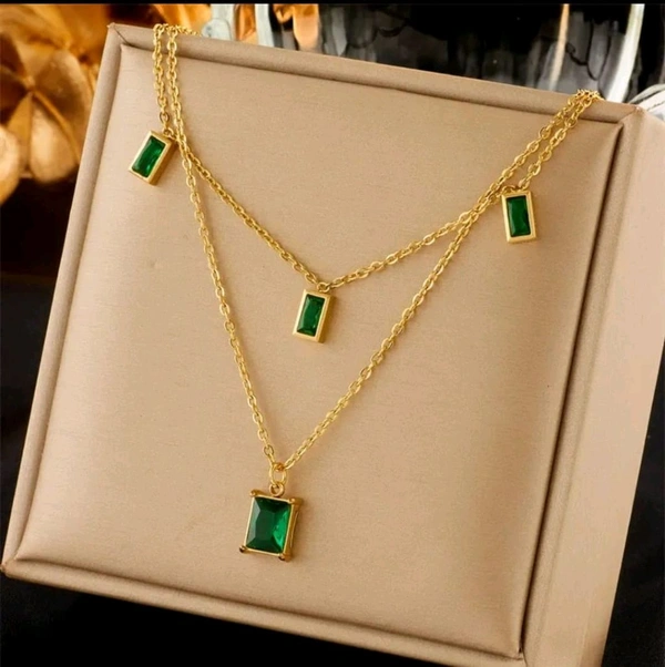Anti Tarnish  Green Stone Double Layer Pendant Chain