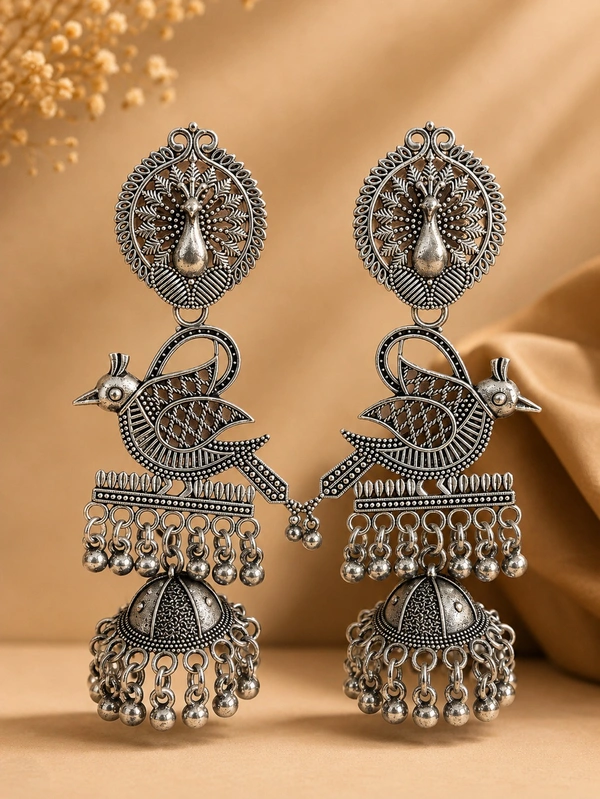 *Moonlit Peacock Oxidised Jhumkas* ✨