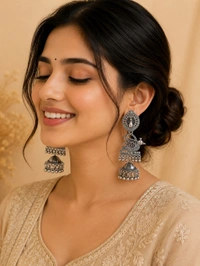 *Moonlit Peacock Oxidised Jhumkas* ✨