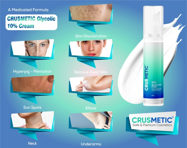 CRUSMETIC 10% Glycolic Acid Cream 30g | Reduce Pigmentation and Tanning | Removes Dead Skin