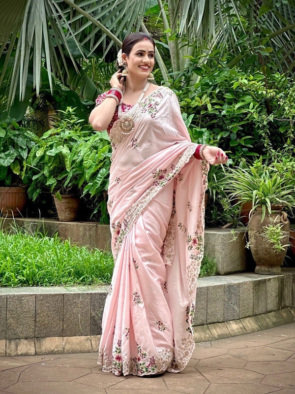 party wear pink dola silk saree with heavy embroidery