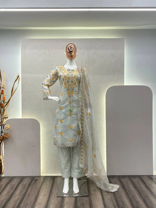 ORGANZA EMBROIDERY WORK SUIT WITH PANT AND WORK DUPATTA