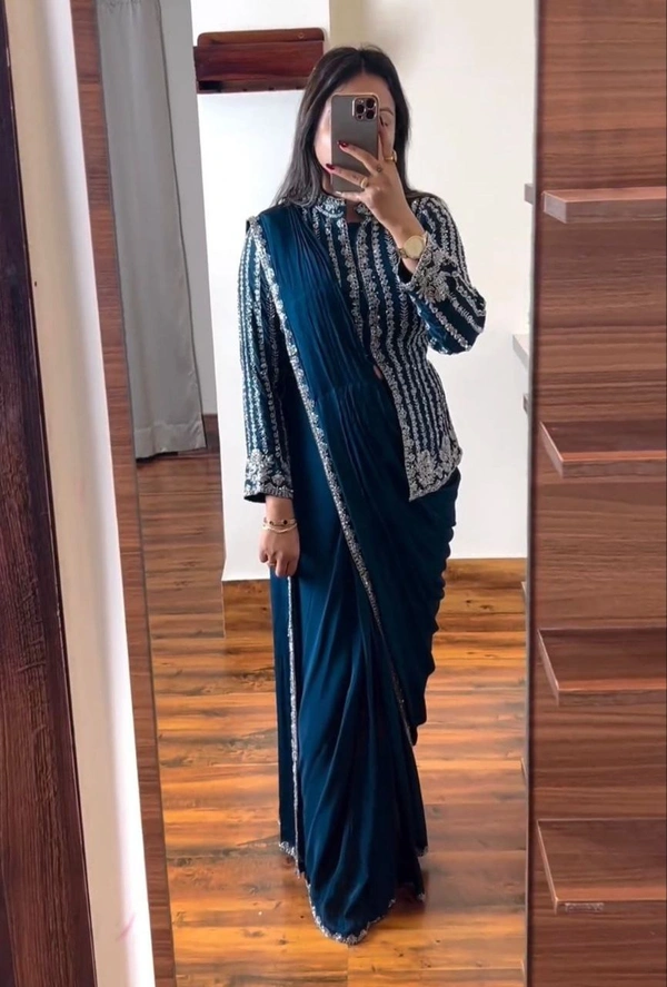 CORDING WORK EMBROIDERED READY TO WEAR SAREE WITH FULL COTI