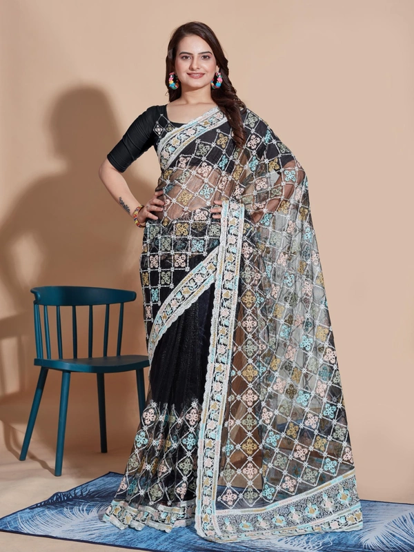 BUTTERFLY NET PARTY WEAR EMBROIDRED SAREE WITH BLOUSE
