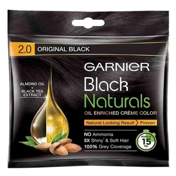 Garnier Black Naturals Creme Hair Color,  2.0  Original Black 20ml+20g 