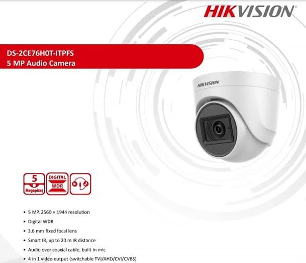 HIKVISION 2MP HD DOME CAMERA DS-2CE76D0T-ITPFS Ultra-HD IR Wired CCTV Dome Camera,with inbuilt Audio Mic  White (2 MP Dome Camera))