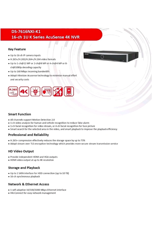Hikvision DS-7616NXI-K116-ch 1U K Series AcuSense 4K NVR
