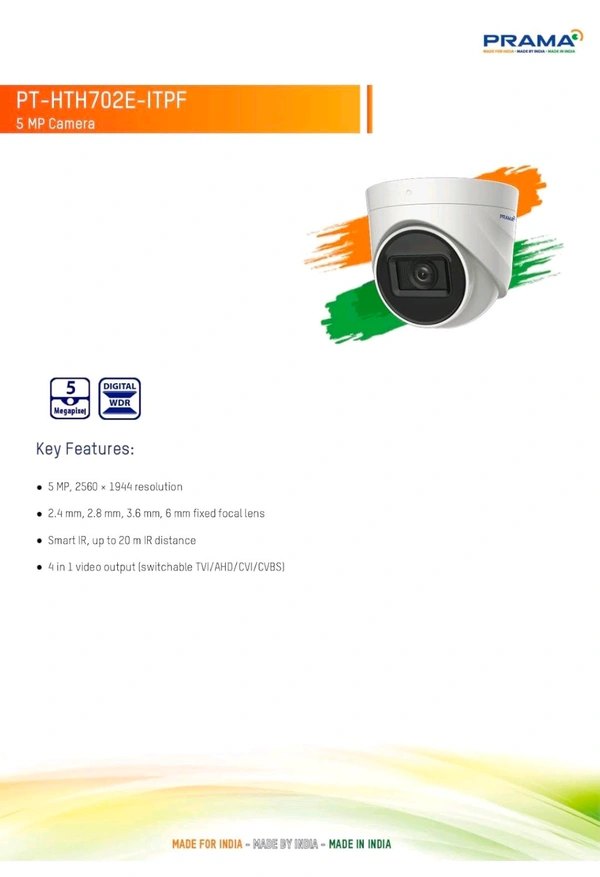 Prama PRAMA EVteQ PT-HTH702E-ITPF 5MP 20m EXIR Dome Camera (5MP, PT-HTH702E-ITPF)