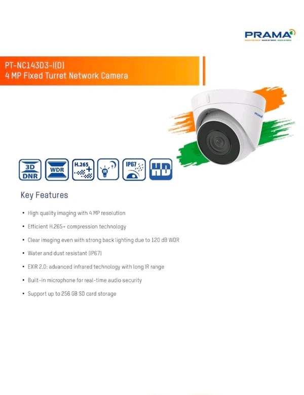 Prama PRAMA EVteQ PT-NC143D3-I(D) 4 MP Fixed Turret Network Camera H.265 Dome (4MP, PT-NC143D3-I(D))