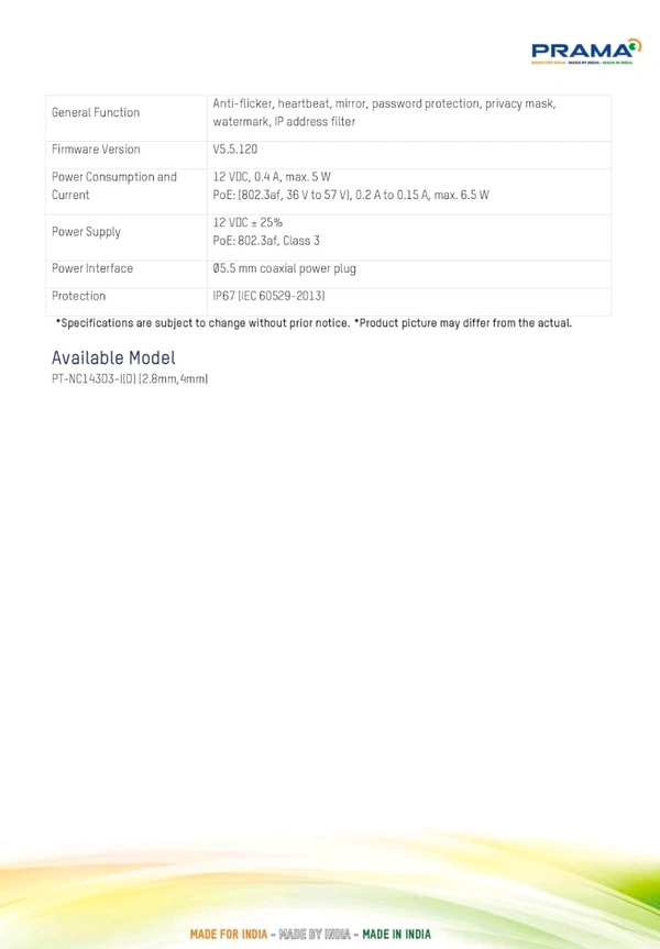 Prama PRAMA EVteQ PT-NC143D3-I(D) 4 MP Fixed Turret Network Camera H.265 Dome (4MP, PT-NC143D3-I(D))