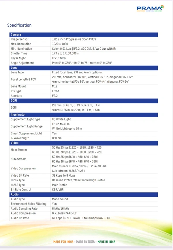 Prama  2 MP Prama PT NC123D1 LIU DE IP Dome Camera, Camera Range: 20 m