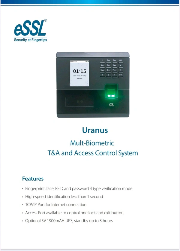 ESSL Face - AiFace-Uranus
Multi-Biometric Time Attendance and Access Control System