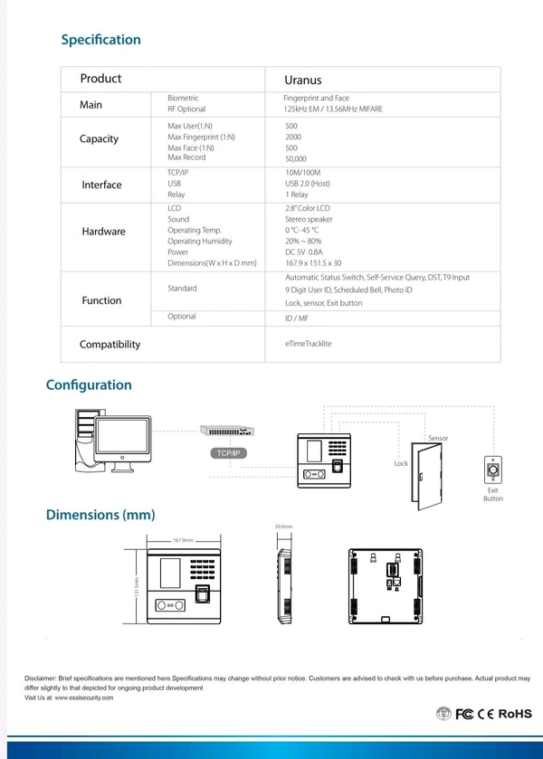 ESSL Face - AiFace-Uranus
Multi-Biometric Time Attendance and Access Control System