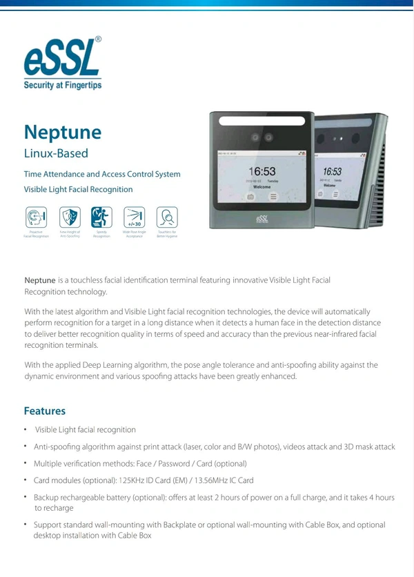 ESSL Face - AiFace-Neptune
Time Attendance and Access Control System Visible Light Facial Recognition