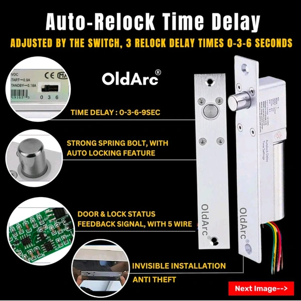OldArc Smart Electric Bolt Lock | 5 Wire Autolock Deadbolt with Time Delay & Door Lock Status Feedback | 12VDC Fail Safe Drop
