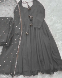 PARTYWEAR LOOK ANARKALI GOWN AND FANCY LACE WORK - XL, Gray