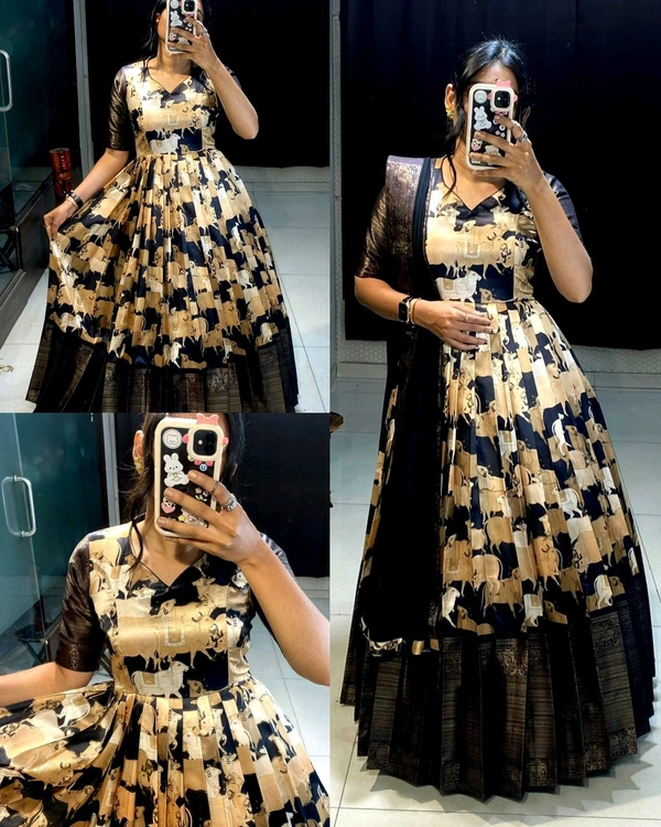 black kalamkari dress Black Lehenga in Natural Crape Paired with a Traditional Kalamkari Dup –  myRiti main image 0