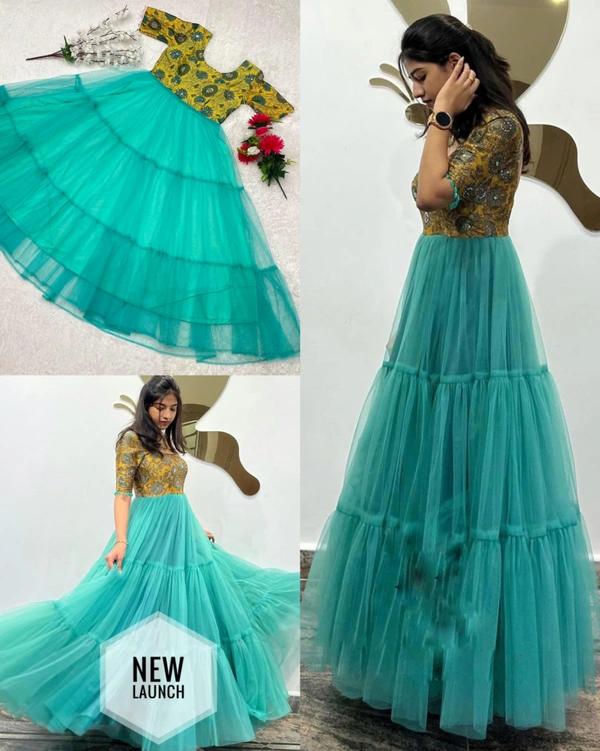 Trending Handwork 3-Layer Gown With Full Flare & Beautiful Lace Work Sleeves