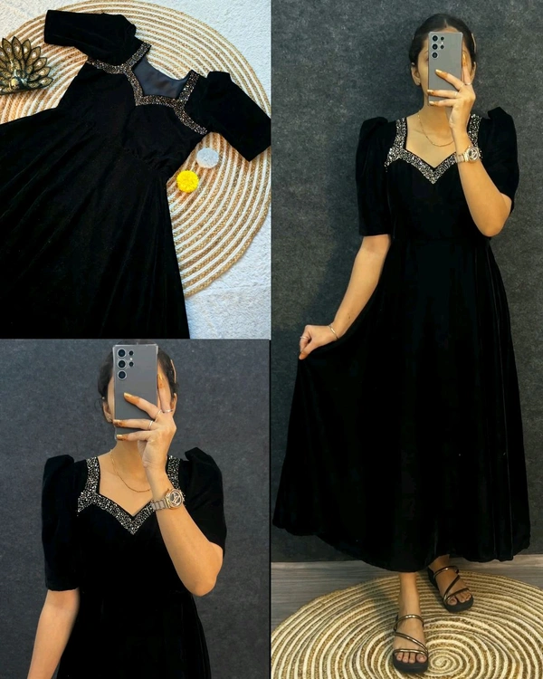 Premium 9000 Velvet Fabric with Designer Hand work Gown- A Beautiful Blend Of elegance and Floral Charm For This Wedding and festival - M, Black