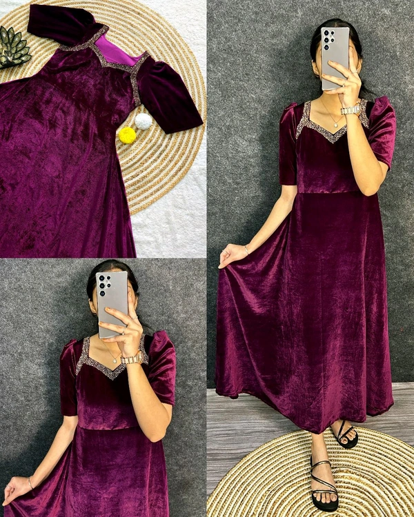 Premium 9000 Velvet Fabric with Designer Hand work Gown- A Beautiful Blend Of elegance and Floral Charm For This Wedding and festival - M, Black